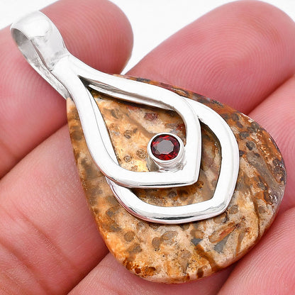 Palm Root Fossil Agate & Garnet Pendant P-1562 SDP145120