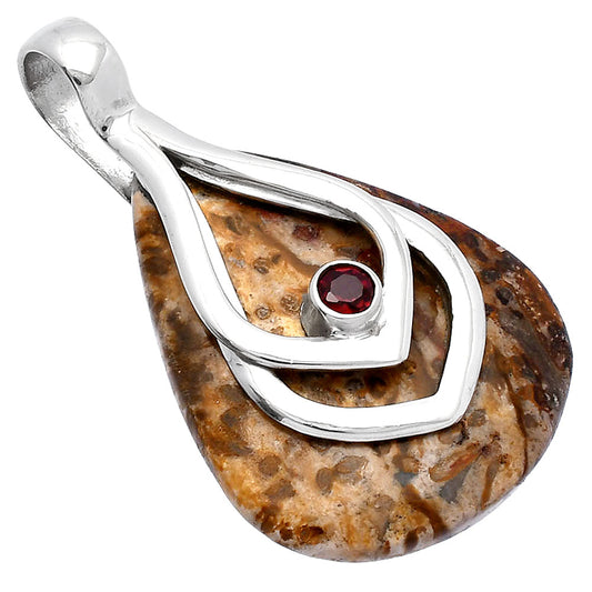 Palm Root Fossil Agate & Garnet Pendant P-1562 SDP145120