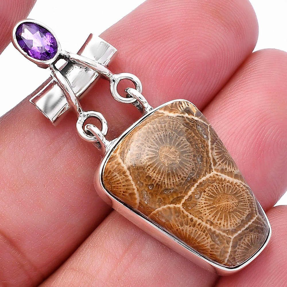 Flower Fossil Coral & Amethyst Pendant P-1276 SDP145198
