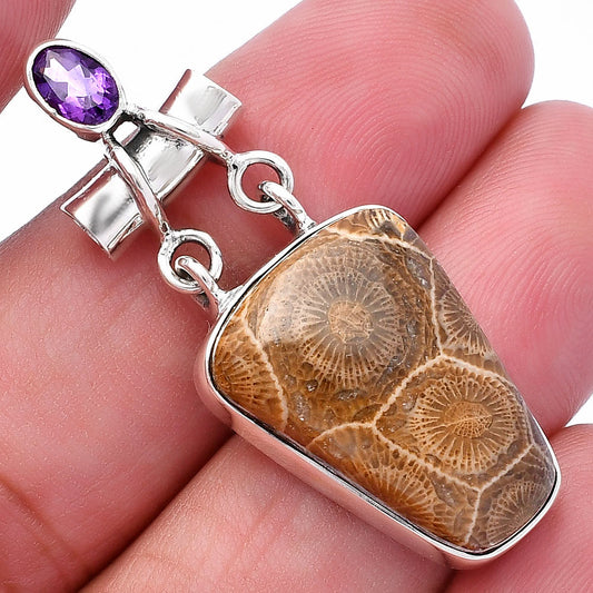 Flower Fossil Coral & Amethyst Pendant P-1276 SDP145198