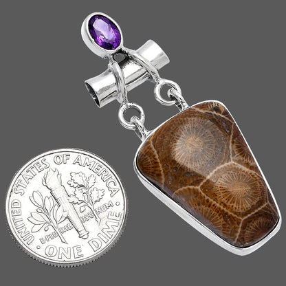 Flower Fossil Coral & Amethyst Pendant P-1276 SDP145198