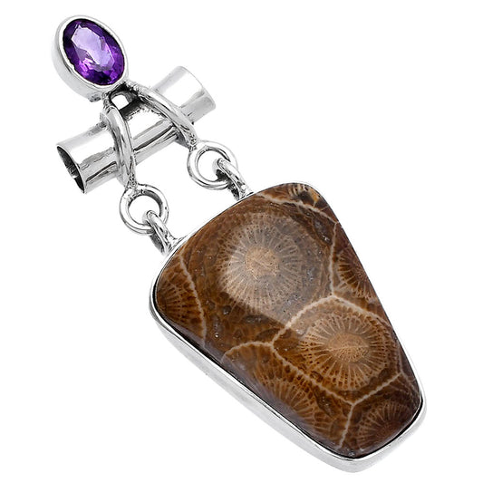 Flower Fossil Coral & Amethyst Pendant P-1276 SDP145198