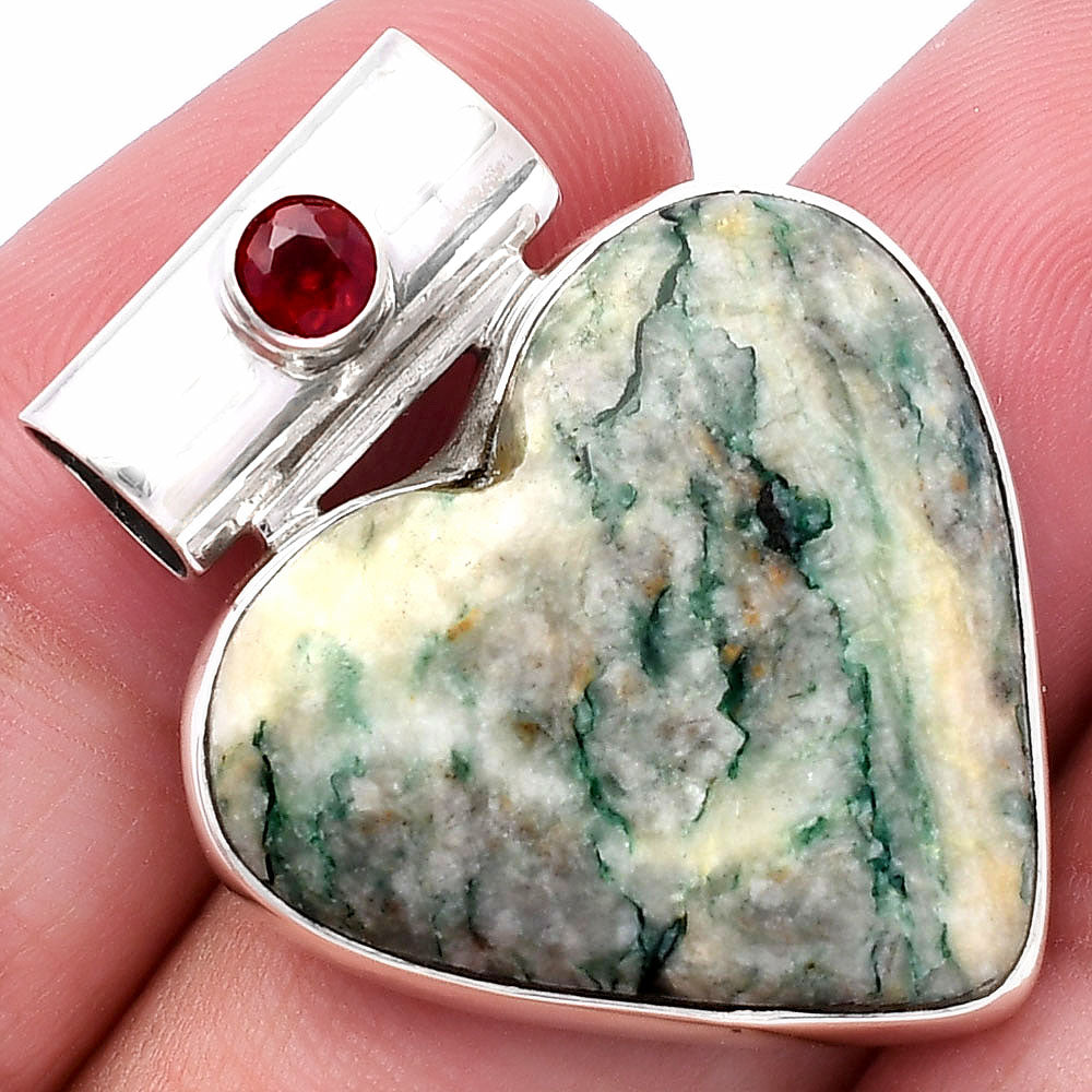 Heart - Tree Weed Moss Agate & Garnet Pendant P-1300 SDP145410