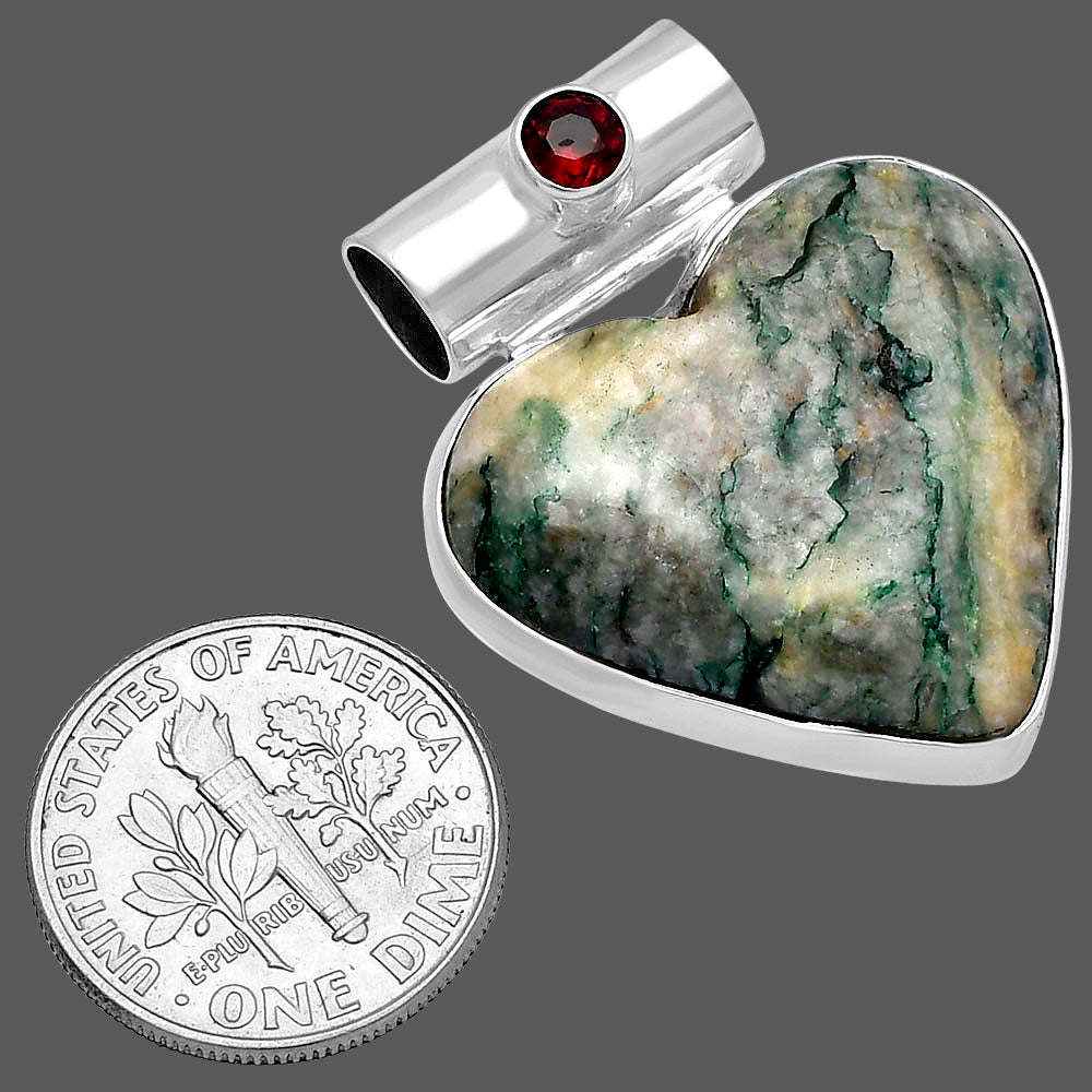Heart - Tree Weed Moss Agate & Garnet Pendant P-1300 SDP145410