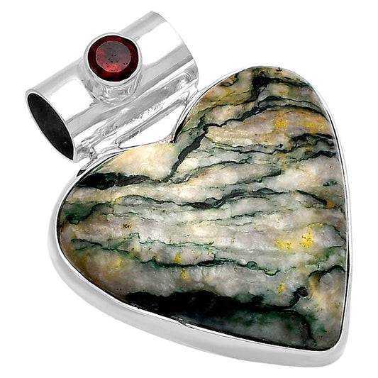Heart - Tree Weed Moss Agate & Garnet Pendant P-1300 SDP145424