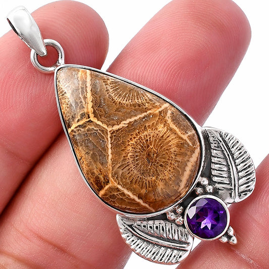 Flower Fossil Coral & Amethyst Pendant P-1127 SDP145933