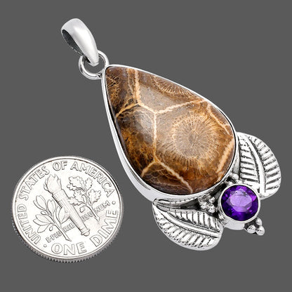 Flower Fossil Coral & Amethyst Pendant P-1127 SDP145933