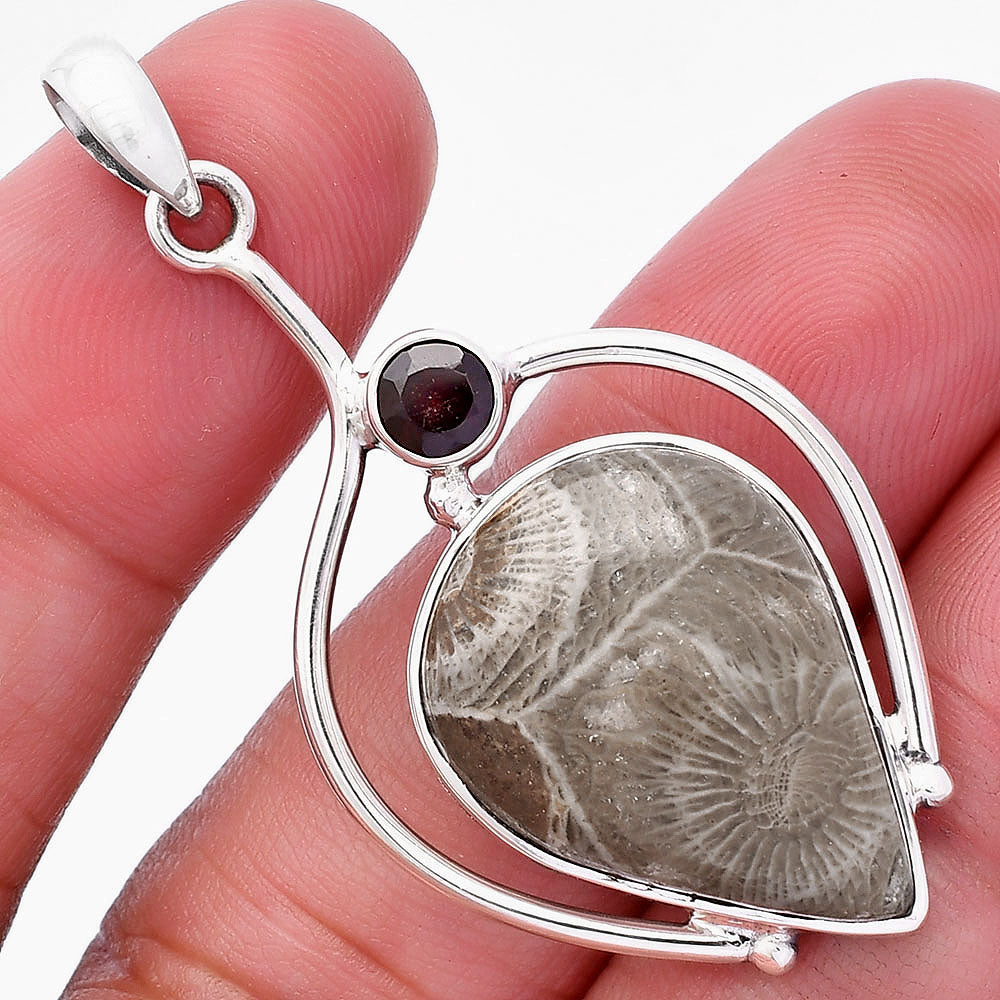 Natural Flower Fossil Coral & Garnet Pendant P-1250 SDP146662
