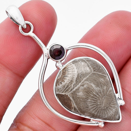 Natural Flower Fossil Coral & Garnet Pendant P-1250 SDP146662