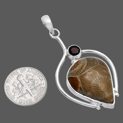 Natural Flower Fossil Coral & Garnet Pendant P-1250 SDP146662
