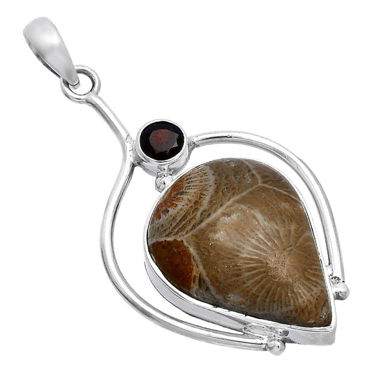 Natural Flower Fossil Coral & Garnet Pendant P-1250 SDP146662
