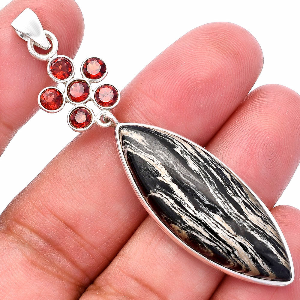 Natural Silver Leaf Obsidian & Garnet Pendant P-1122 SDP146697