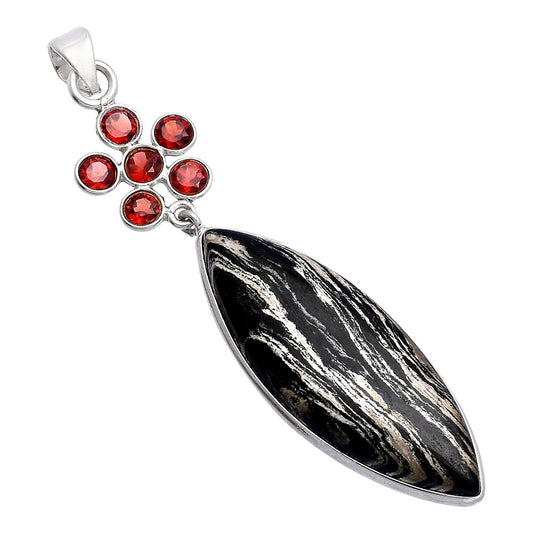 Natural Silver Leaf Obsidian & Garnet Pendant P-1122 SDP146697