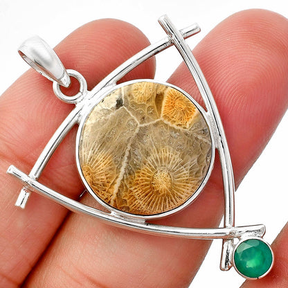 Flower Fossil Coral & Green Onyx Pendant P-1499 SDP146773
