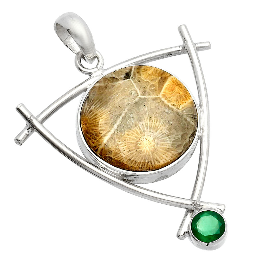Flower Fossil Coral & Green Onyx Pendant P-1499 SDP146773