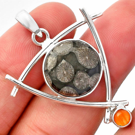 Black Flower Fossil Coral & Carnelian Pendant P-1499 SDP146778