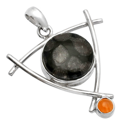 Black Flower Fossil Coral & Carnelian Pendant P-1499 SDP146778