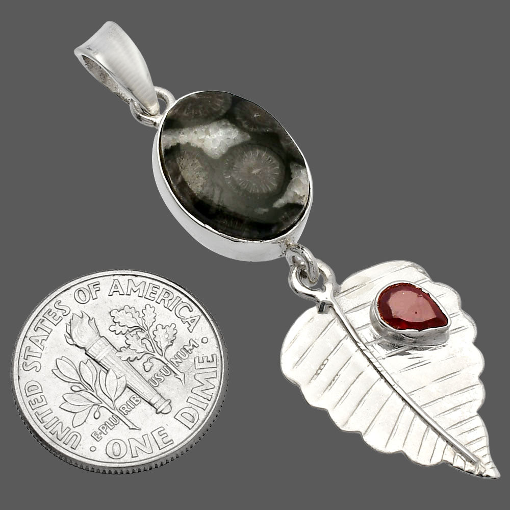 Black Flower Fossil Coral & Garnet Pendant P-1539 SDP146832