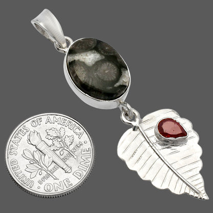 Black Flower Fossil Coral & Garnet Pendant P-1539 SDP146832