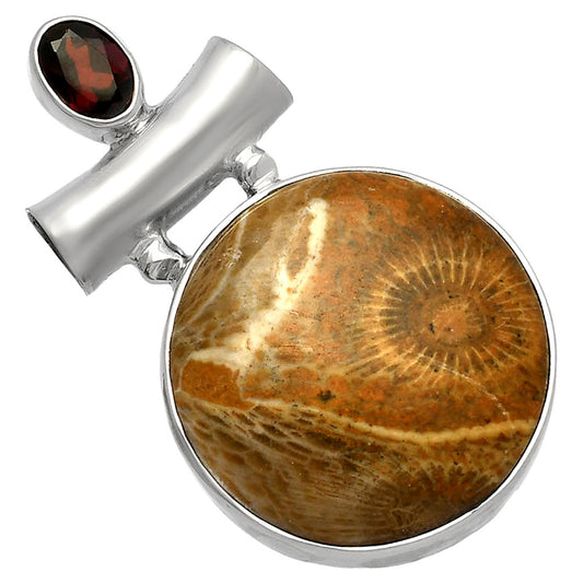 Flower Fossil Coral & Garnet Pendant P-1279 SDP147160