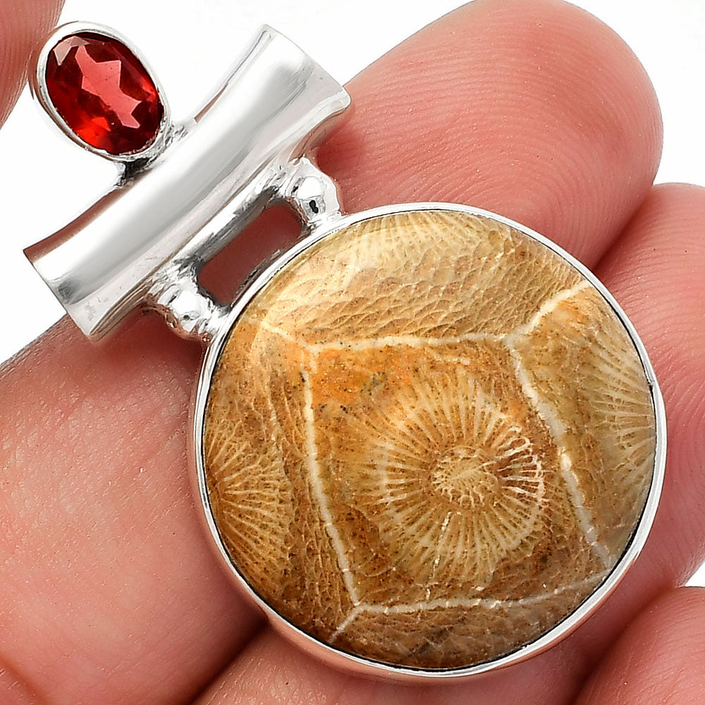 Flower Fossil Coral & Garnet Pendant P-1279 SDP147206