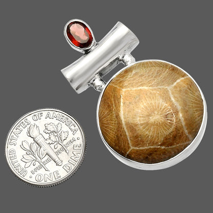 Flower Fossil Coral & Garnet Pendant P-1279 SDP147206