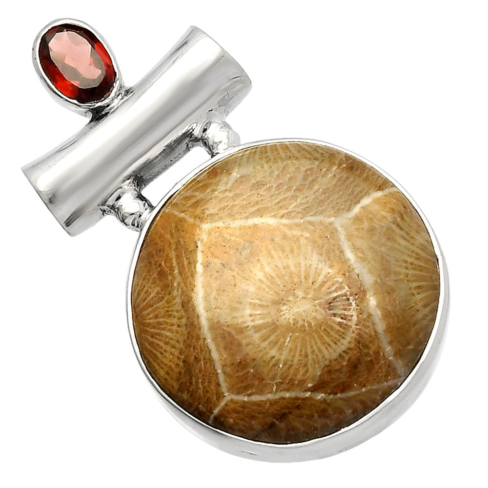 Flower Fossil Coral & Garnet Pendant P-1279 SDP147206