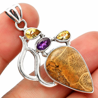 Flower Fossil Coral, Amethyst & Citrine Pendant P-1290 SDP147290