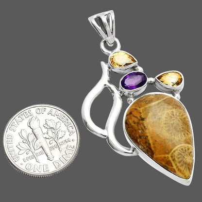 Flower Fossil Coral, Amethyst & Citrine Pendant P-1290 SDP147290