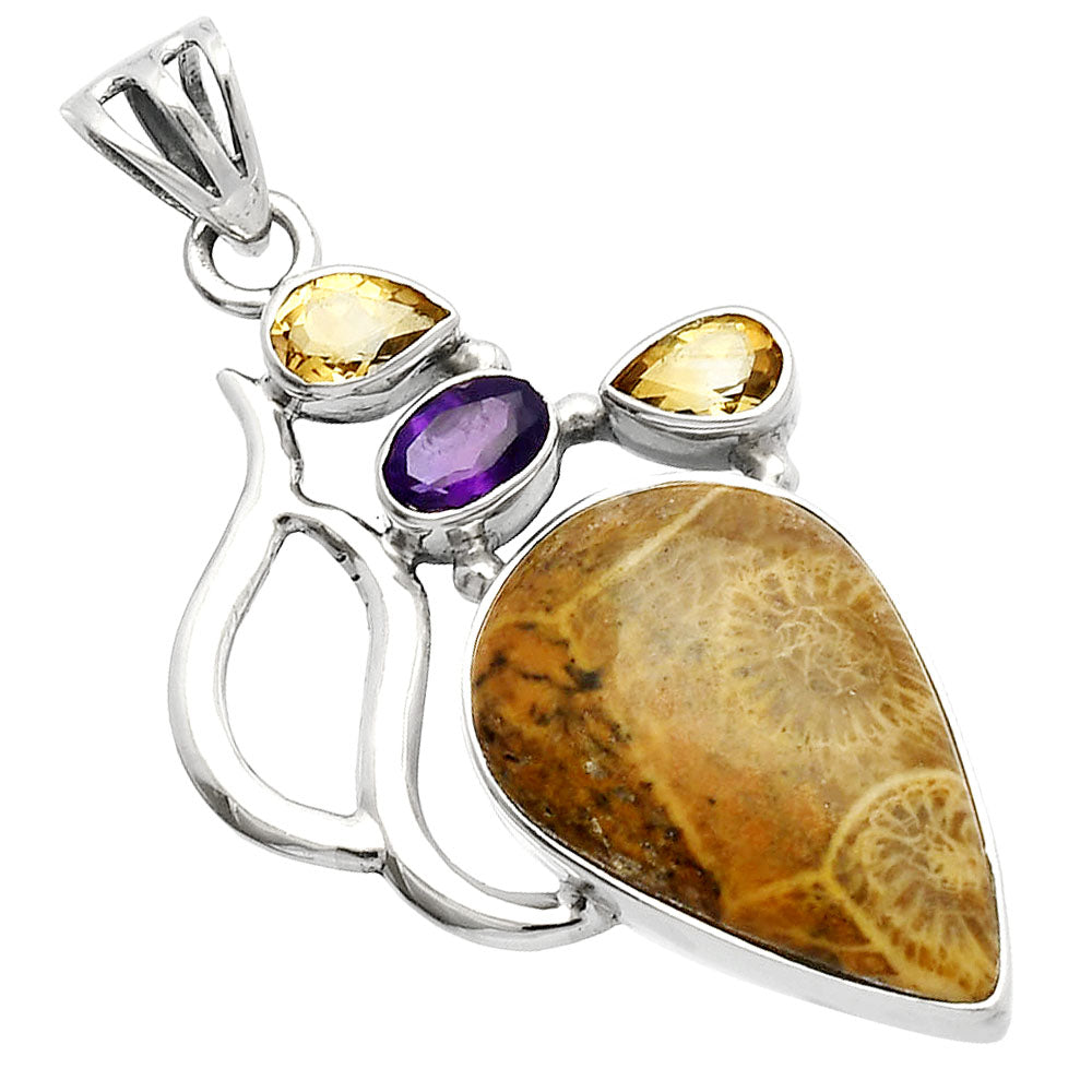 Flower Fossil Coral, Amethyst & Citrine Pendant P-1290 SDP147290