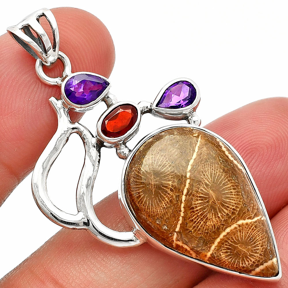 Flower Fossil Coral, Amethyst & Garnet Pendant P-1290 SDP147304