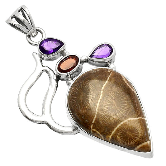 Flower Fossil Coral, Amethyst & Garnet Pendant P-1290 SDP147304