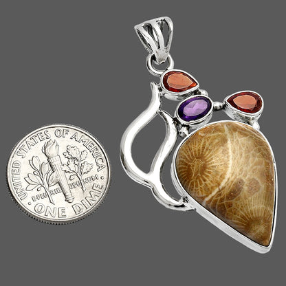 Flower Fossil Coral, Amethyst & Garnet Pendant P-1290 SDP147319