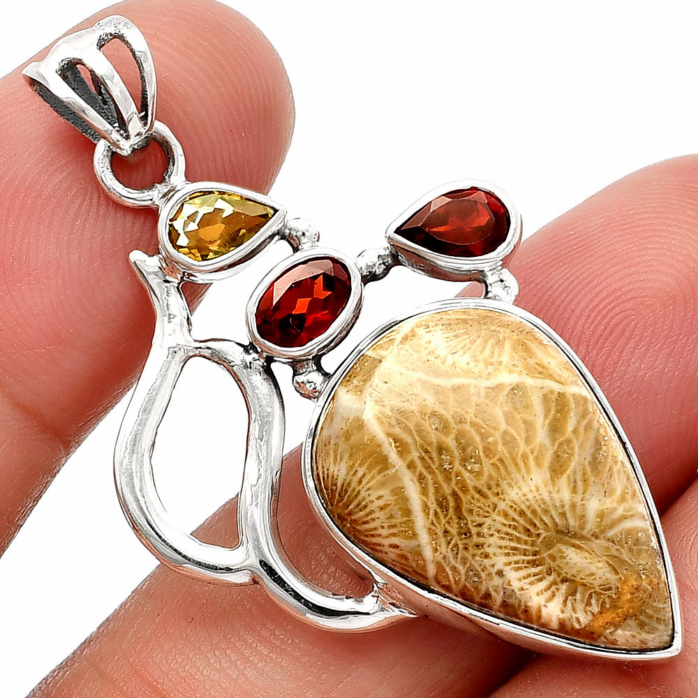 Flower Fossil Coral, Garnet & Citrine Pendant P-1290 SDP147320