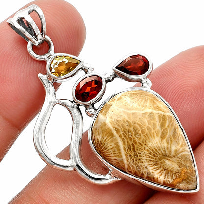 Flower Fossil Coral, Garnet & Citrine Pendant P-1290 SDP147320
