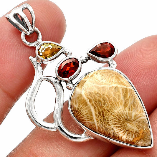 Flower Fossil Coral, Garnet & Citrine Pendant P-1290 SDP147320
