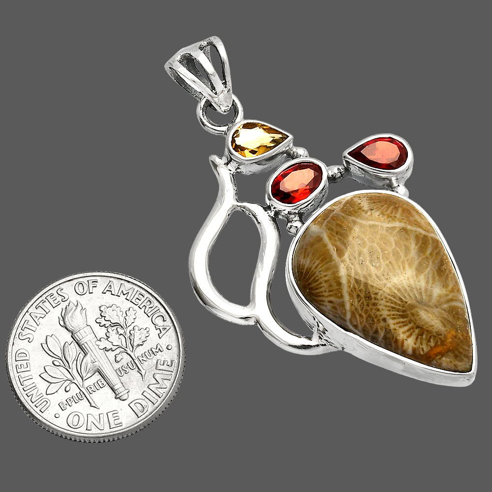Flower Fossil Coral, Garnet & Citrine Pendant P-1290 SDP147320