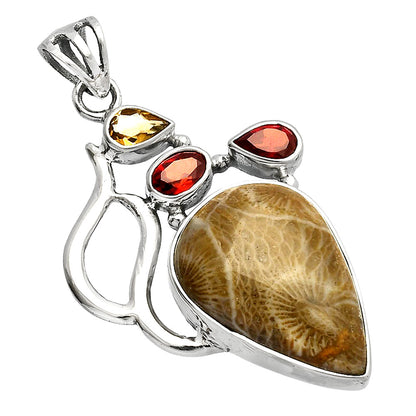 Flower Fossil Coral, Garnet & Citrine Pendant P-1290 SDP147320
