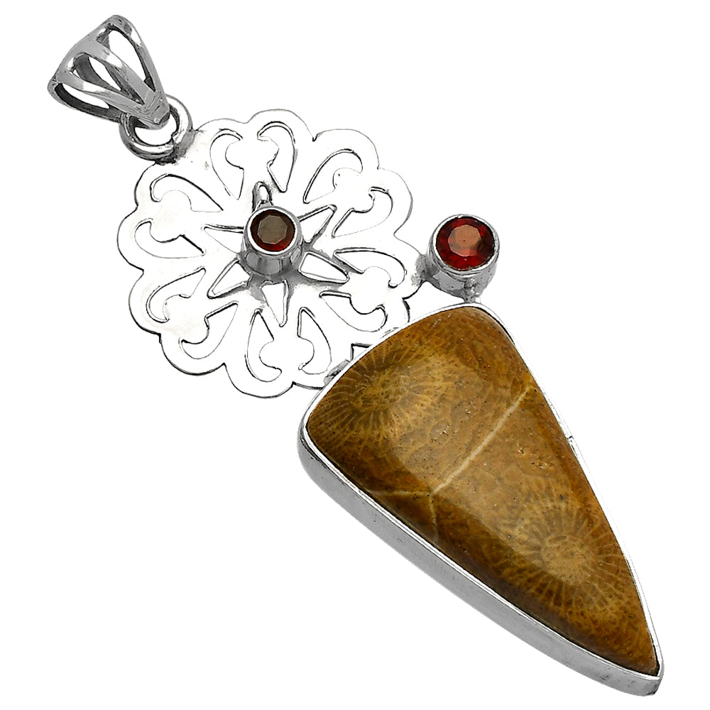 Flower Fossil Coral & Garnet Pendant P-1228 SDP147480