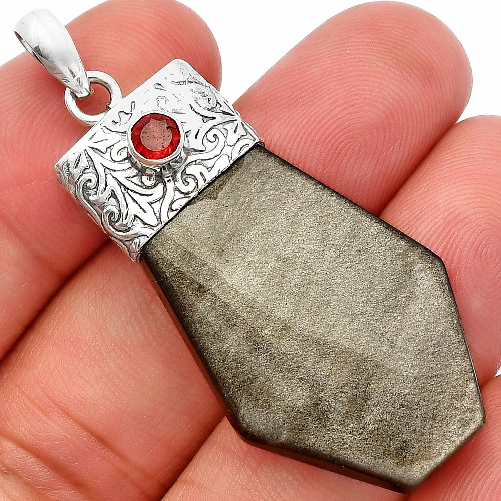 Natural Silver Obsidian & Garnet Pendant P-1331 SDP147869