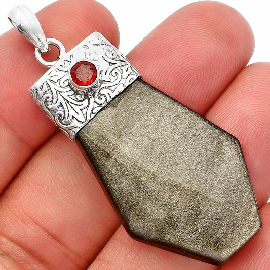 Natural Silver Obsidian & Garnet Pendant P-1331 SDP147869
