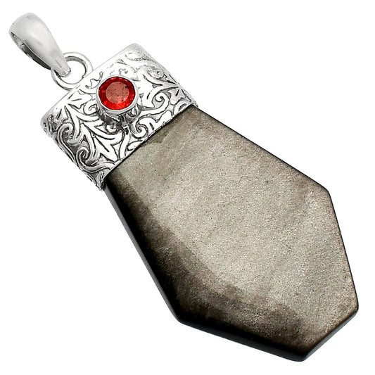 Natural Silver Obsidian & Garnet Pendant P-1331 SDP147869
