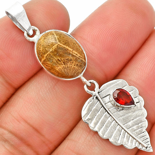 Leaf - Flower Fossil Coral & Garnet Pendant P-1539 SDP148214
