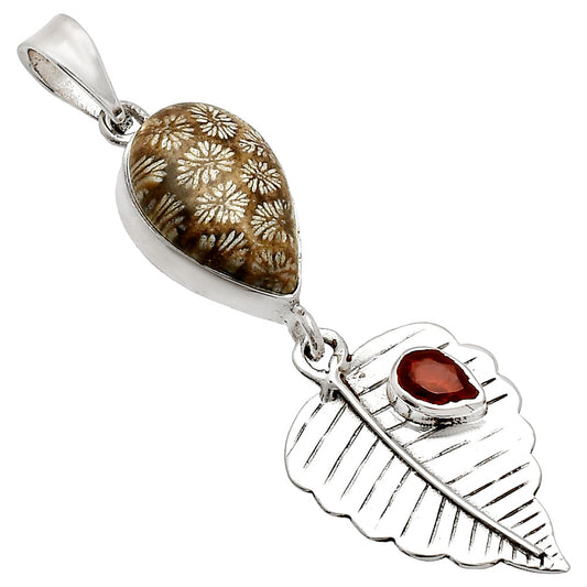 Leaf - Flower Fossil Coral & Garnet Pendant P-1539 SDP148222