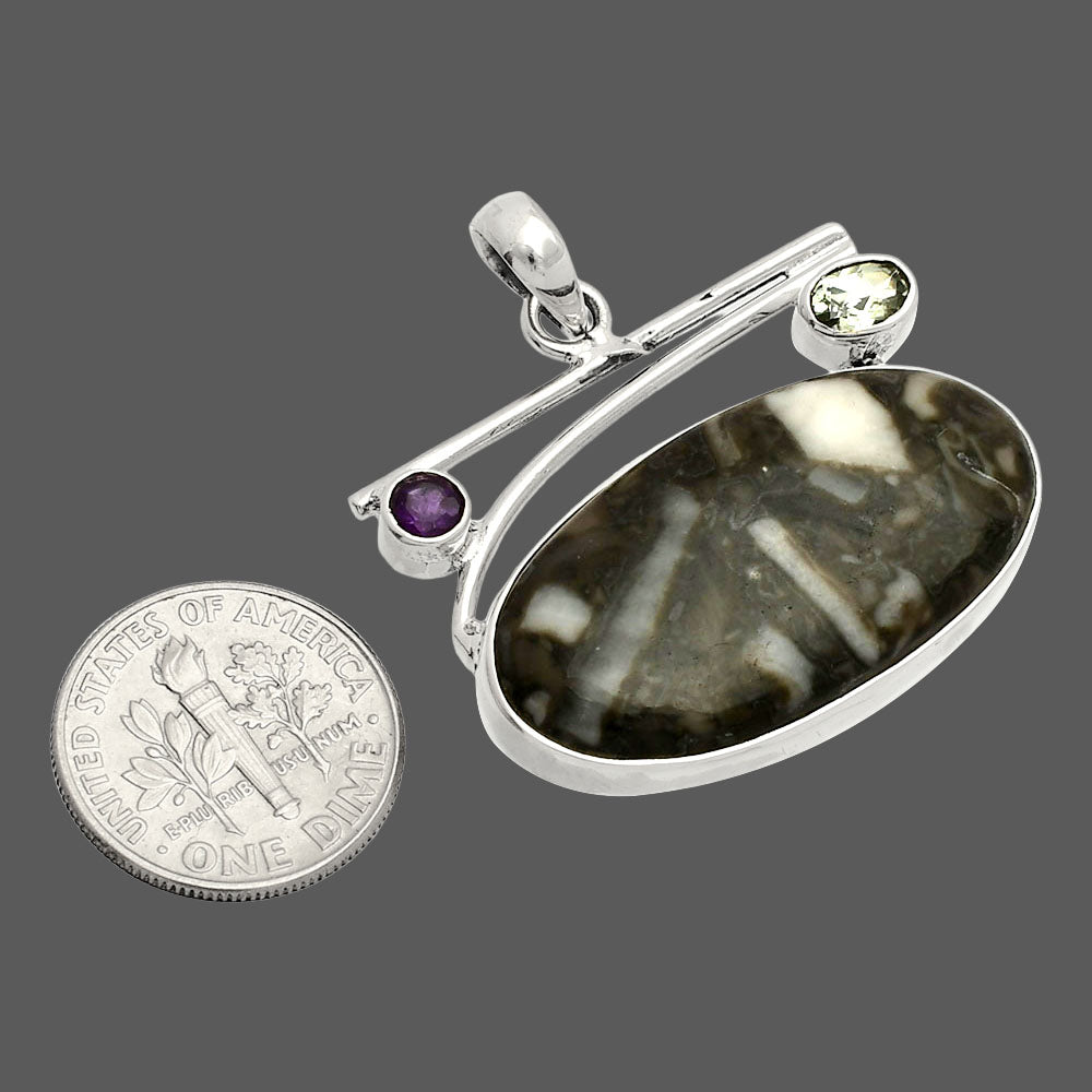 Mexican Cabbing Fossil, Sky Blue Topaz & Amethyst Pendant P-1286 SDP148387