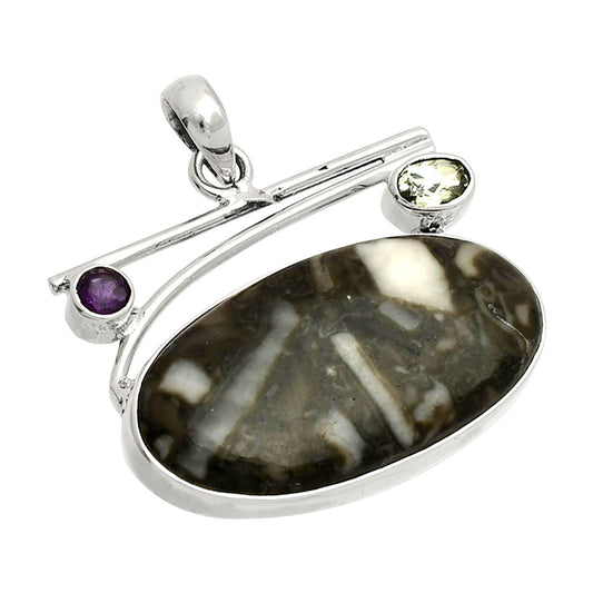 Mexican Cabbing Fossil, Sky Blue Topaz & Amethyst Pendant P-1286 SDP148387