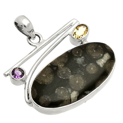 Black Flower Fossil Coral, Citrine & Amethyst Pendant P-1286 SDP148390