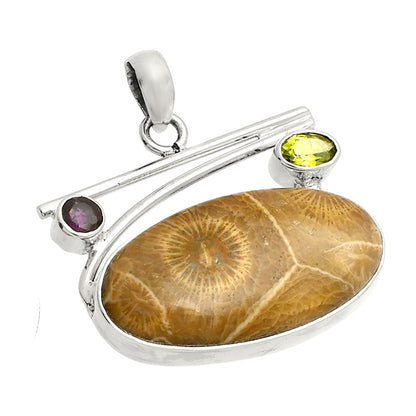 Flower Fossil Coral, Peridot & Amethyst Pendant P-1286 SDP148396
