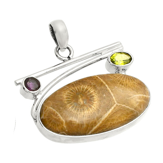 Flower Fossil Coral, Peridot & Amethyst Pendant P-1286 SDP148396