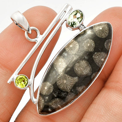 Black Flower Fossil Coral, Prasiolite & Peridot Pendant P-1286 SDP148411